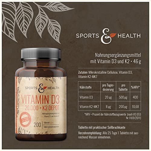 Vitamin D3 K2 Tabletten 200 Tabletten Vitamin D Hochdosiert 20000 IE