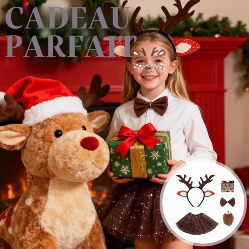 Afenau Costume de renne 5 en 1 pour enfant fille avec jupe en tulle marron - Costume de cerf pour fille - Costume de cerf - Costume de faon - Pour carnaval, cosplay, fête à thème (9-12 ans) – vue 7