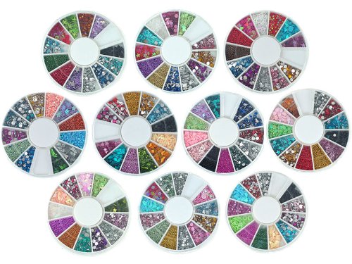 Bundle Monster 10 Nail Art Nailart Manicure Wheels w/ 3D Designs Glitters Rhinestones Beads - total over 14000pc
