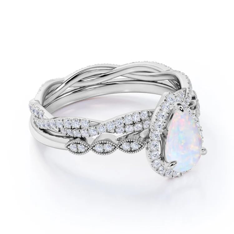 Vintage Art Deco 1.50 Carat Fire Opal Pear Cut Engagement Ring Set ,18K Rose Gold Opal Ring , Rose Flower Wedding & Anniversary Ring Promise Ring For Women & Ladies Partywear Gemstone Ring Gift For Her {BL-OPL-98}2