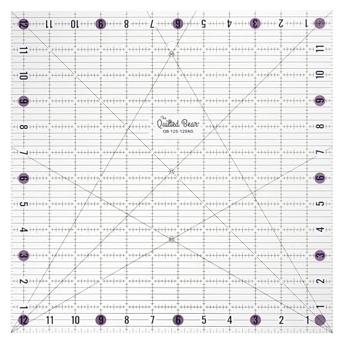 The Quilted Bear Quilting Rulers - Transparent Acrylic Non Slip Quilting & Patchwork Ruler with Clear Black Lines & 30, 45 & 60 Degree Angles (12.5" x 12.5")