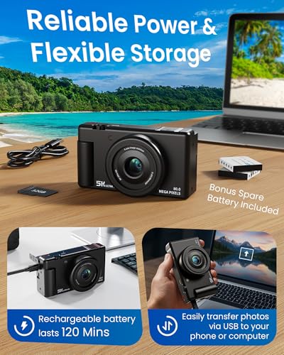 Foto de Cámara digital True 5K para fotografía, enfoque automático de 80 MP con zoom digital de 18X de 3 pulgadas, pantalla abatible de 270°, cámara selfie de doble lente para vlogging de YouTube y creación (imagen 7)