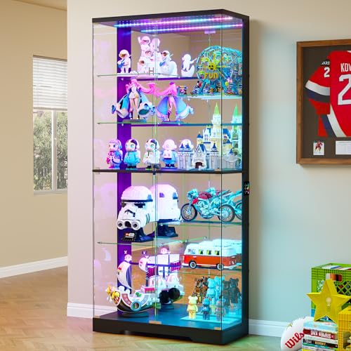 Lvifur 71'' Glass Display Cabinet - with RGB Lights,10-Tier Curio Cabinet with Glass Doors,Lockable Figure Display Case with Human Body Sensor,Tall Showcase Cabinets for Collectibles,White