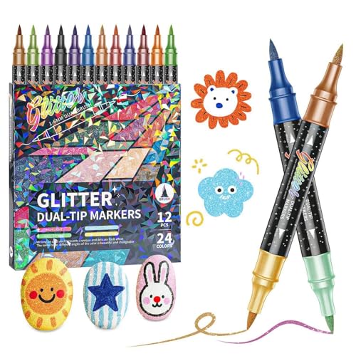 Double Color Glitters Art Pen Artist Acrylic Markers Brush Pens with Soft Brush Tips for Kids Drawing and Craft Activity Soft Ti