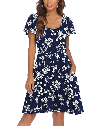 HOTOUCH Women's Summer Casual Short Sleeve Scoop Neck A Line Swing Floral Dress with Pockets Navy Blue