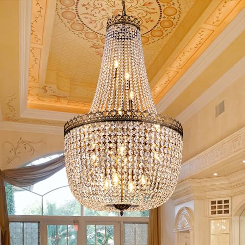 Wellmet French Empire Crystal Chandelier, 18 Lights Antique Bronze Chandeliers Rustic Farmhouse Chandelier High Ceiling Hanging Pendant Light Fixture