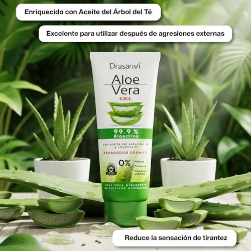 DRASANVI Gel de Aloe Vera con Árbol de Té y Vitamina E | Regenerador Natural para la Piel 100% Natural | Hidratante para el Cuerpo y Rostro | Repara, Calma y Protégé,0% Perfumes y Parabenos,200 ml - imagen 3