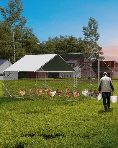 GarveeLife Large Metal Chicken Coop, Chicken Run for 10/20 Chickens, Outdoor Walk in Poultry Cage with Anti-UV Cover and Waterproof, 13.12 x 9.84 x 6.56 Ft