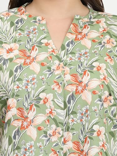 Image of SINDOORI Relaxed Fit Tops for Women Plus Size Solid Printed Mandarin Collar, Band Collar, V-Neck Top, Half Sleeve Loose Fit