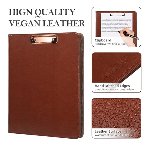 Image of Ospelelf 3 Ring Binder Portfolio Folder with Zipper- Leather Padfolio with Clipboard Storage- Calculator, 12.1 inch Tablet Sleeve, 5 Dividers with Pocket, Refillable Notepad, Card Slot (Red Brown)