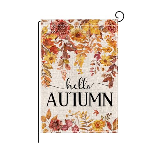 Fall Floral Welcome Garden Flag 12x18 Inch Autumn Garden Flag Double Sided Autumn Leaves Burlap Flag Sunflowers Garden Flag for Autumn Thanksgiving Halloween Holiday Yard Outdoor Outside Decoration