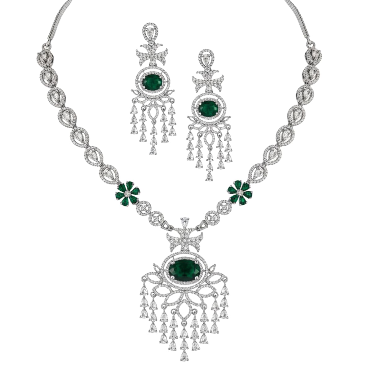 Chandelier Design AD Sapphire Necklace Set for Women (Silver Green) American Diamond Bridal Jewelry Wedding Necklace with Earrings-image-27