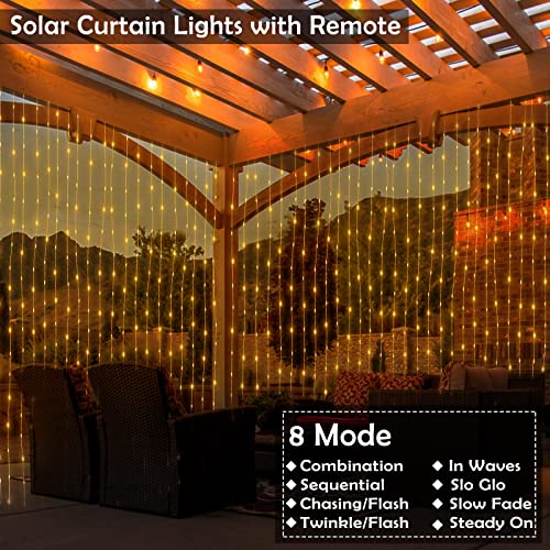 Led Solar Curtain String Lights Outdoor Remote Control 8 Modes Fairy Lights Waterproof Solar Powered Copper Wire Lights Solar Waterfall Lights For Gazebo Garden Party Wedding Window Decorations #TOP3