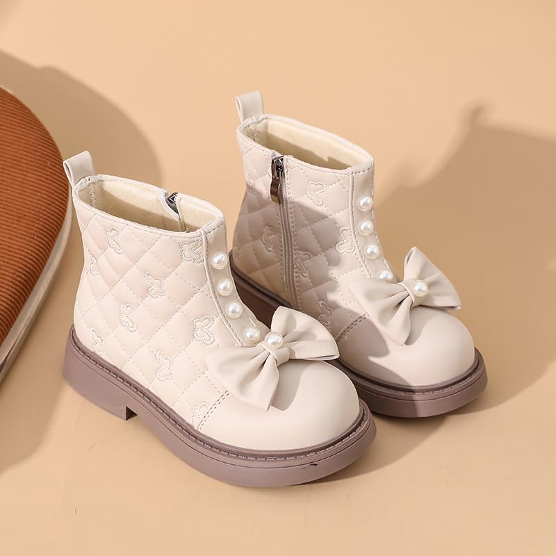kkdom Girls Cute Bow Chelsea Boots Low Heel with Faux Pearl Outdoor Side Zipper Comfort Chelsea Ankle Boots(Toddler/Little Kid/Big Kid)3