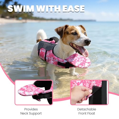 Image of VIVAGLORY Dog Life Vest Front Float Dog Swim Vest, M, Camo Pink | Life Jacket with Chin Float & Handle for Swimming & Boating, High Visibility Adjustable for Doggy Cat Puppy