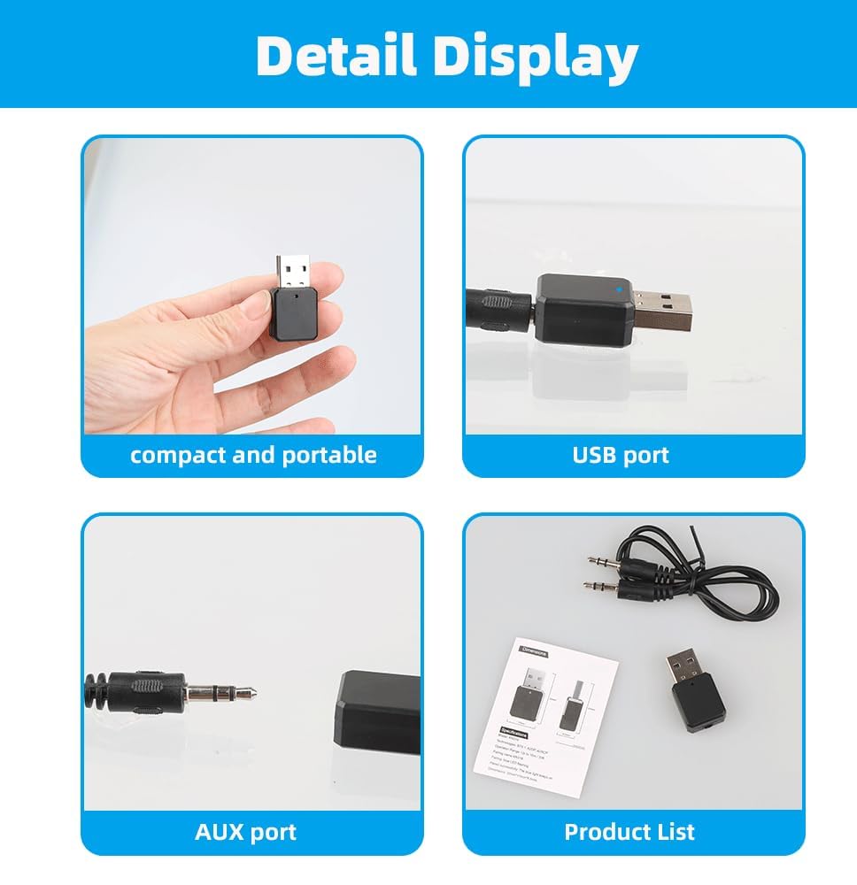 Adaptador USB Bluetooth Auto 5.1 para coche con salida AUX y USB – Receptor Bluetooth Plug and Play con cable de audio de 3,5 mm para altavoces y llamadas manos libres