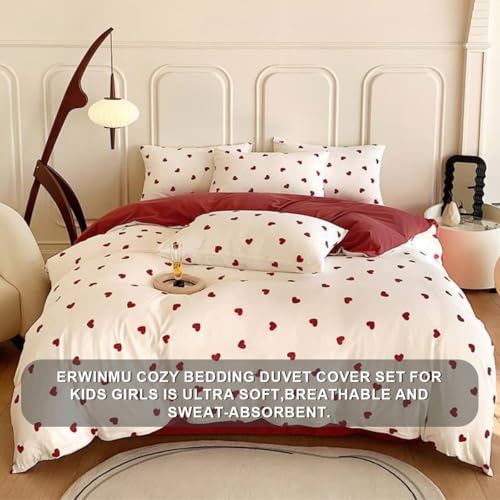 Image of Heart Duvet Cover Set King Red White Heart Bedding Set Reversible,Microfiber Comforter Cover Sets Striped Includes 1 Duvet Cover and 2 Pillow Shams
