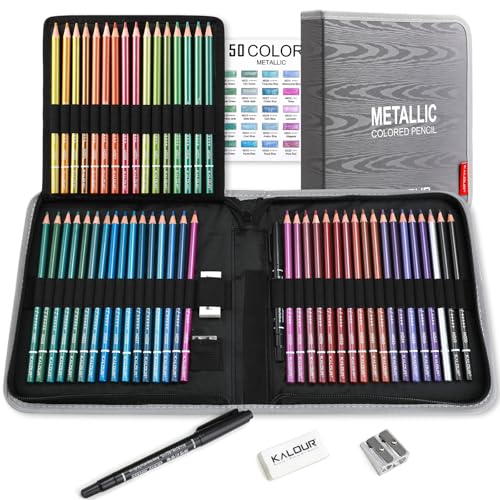KALOUR PDAS 55 Piece Metallic Colored Pencils for Adults Premium Artist Colored Pencils Soft Core Coloring Pencils for Adult Coloring Books Metallic Pencils Set for Drawing Sketching Blending