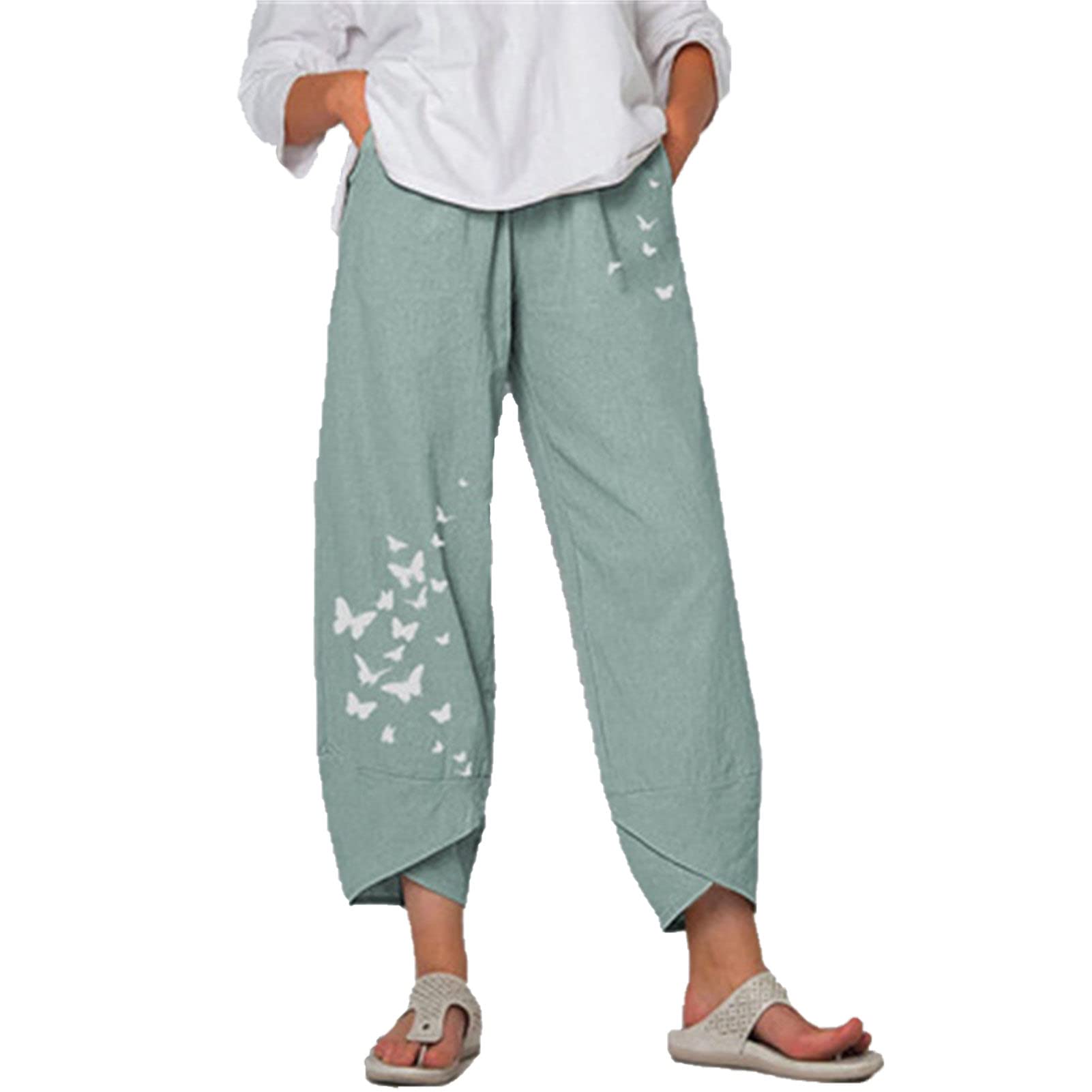 Maiyifu-GJ Women's Cotton Linen Loose Pants Summer Casual Baggy Lounge Pants Elastic Waist Lightweight Wide Leg Trousers (Light Green,3X-Large)