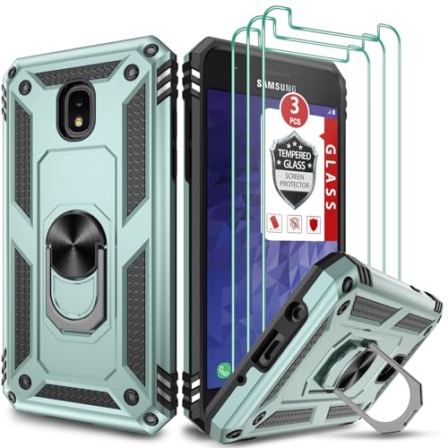for Galaxy J3 2018 / Galaxy J3 Star/Galaxy Amp Prime 3/Galaxy J3 V 2018/Galaxy J3 Aura Case, with [3X Tempered Glass Screen Protector], Built-in Ring Kickstand Dual Layer Hybrid TPU PC Cover-Green