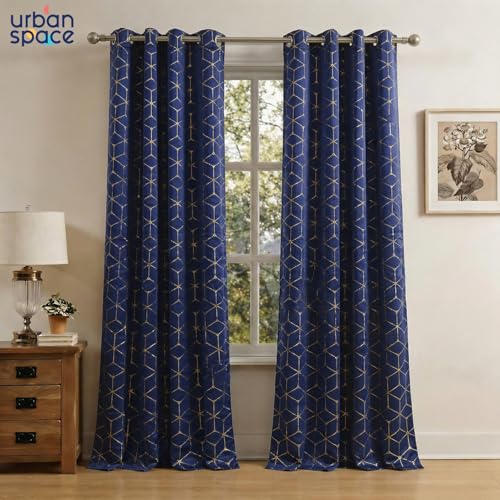 Image of Urban Space 80-85% True Blackout Curtains for Door, Gold Foil Printed Blackout Curtains, Blackout Decorative Door Curtain Eyelet with Tieback, 1 Piece Curtain for Living Room(Hex Navy Blue, 7 Feet)