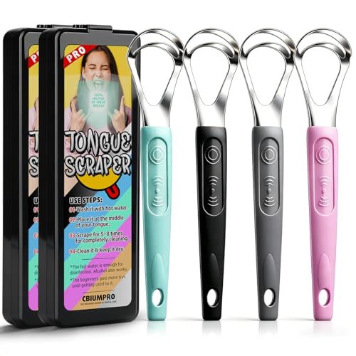 Cbiumpro 4-Pack Tongue Scraper for Kids & Adults Stainless Steel Tongue Cleaner with Travel Case Reduce Bad Breath