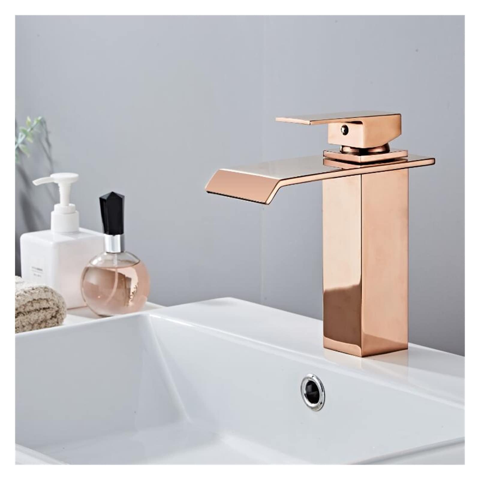 Grifo de baño de latón Dorado Rosa, Grifo Monomando para Fregadero montado en Cubierta, Mezclador de Cascada Caliente y fría, Elegante Negro Corto para Cocina y baño