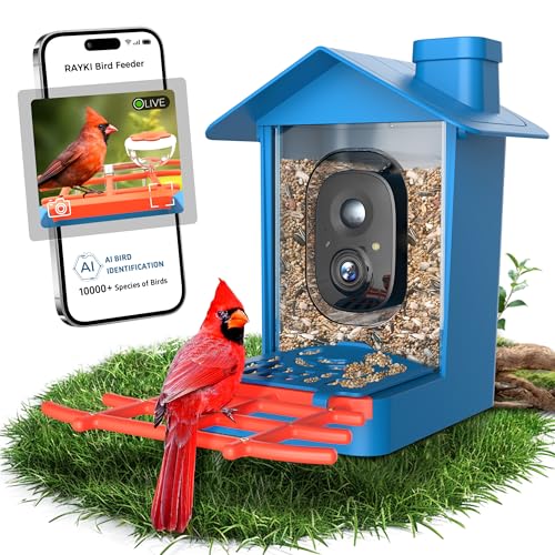 Rayki Solar Bird Feeder with Camera for Birdwatching, 2K HD with AI Recognition and Real-Time App Alerts, Smart Birdfeeder House Outdoor, IP65 Waterproof, Ideal Gifts for Bird Lovers, Blue