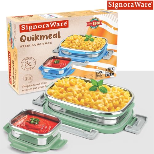 Image of SignoraWare Quickmeal Stainless Steel Small Lunch Box | Airtight & Leakproof | Portion Control | Easy to Carry | Ideal for Office, School, Kids & Travel (650ml + 130ml | Egreen)
