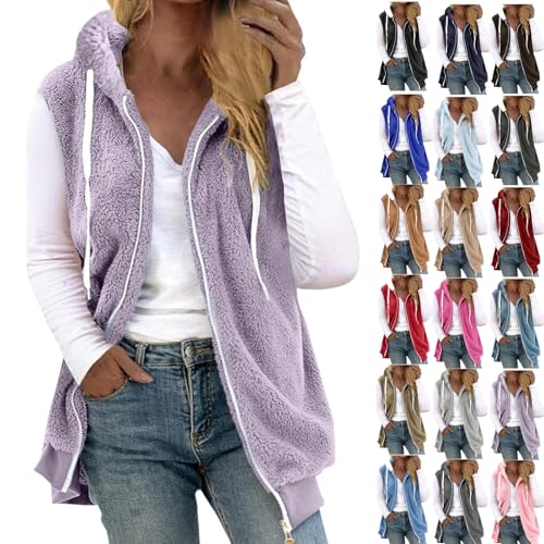 Womens Fuzzy Fleece Vest Casual Oversized Zip Up Sherpa Hooded Jacket Sleeveless Winter Warm Coat Outerwear