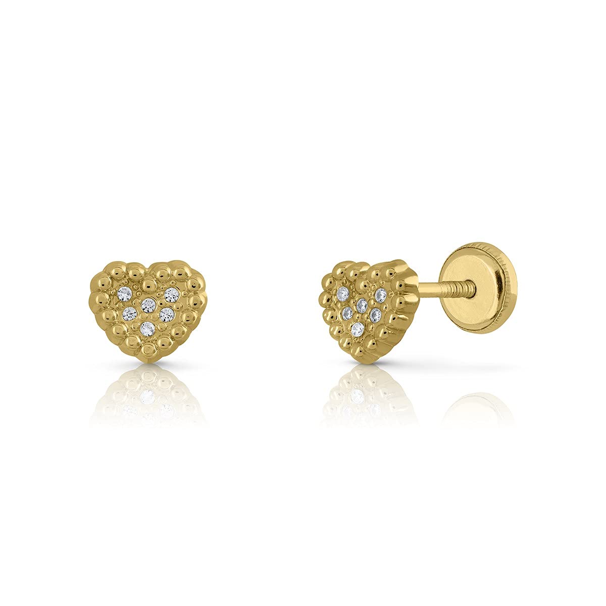 Orecchini A Cuore In Oro 9kt - Con Pietre Incastonate - 5x5,5 Mm - Chiusura A Vite Di Sicurezza - Per Bambina O Donna