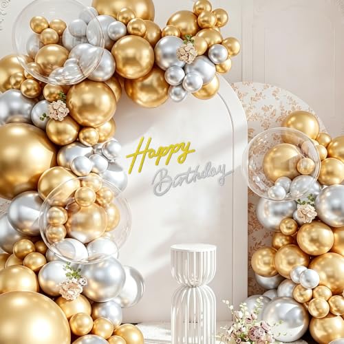 Image of TONIFUL Happy Birthday Sign for Backdrop - Glitter Gold Silver Felt Banner - Includes Dot Glue - Perfect for Birthday Party Backdrop,Wall Decr,Balloon Arch,Photo Background