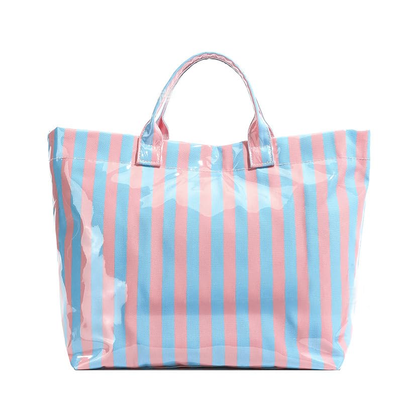 Image of Striped PVC Tote Bag for Women, Waterproof Plastic Hobo Handbag Summer Tote for Beach, Pool & Ideal Gift