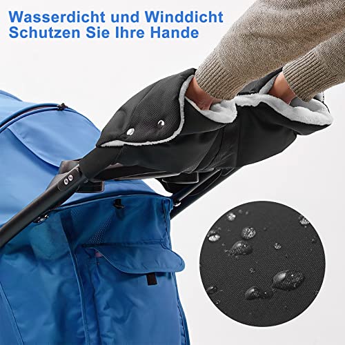 Kinderwagen Handwärmer, TNSLAND Kinderwagen Handschuhe Handmuff mit Fleece Innenseite,Kinderwagenmuff Atmungsaktiv Wasserfest Winddicht, Universalgröße für Kinderwagen Buggy,Radanhänger, Schwarz