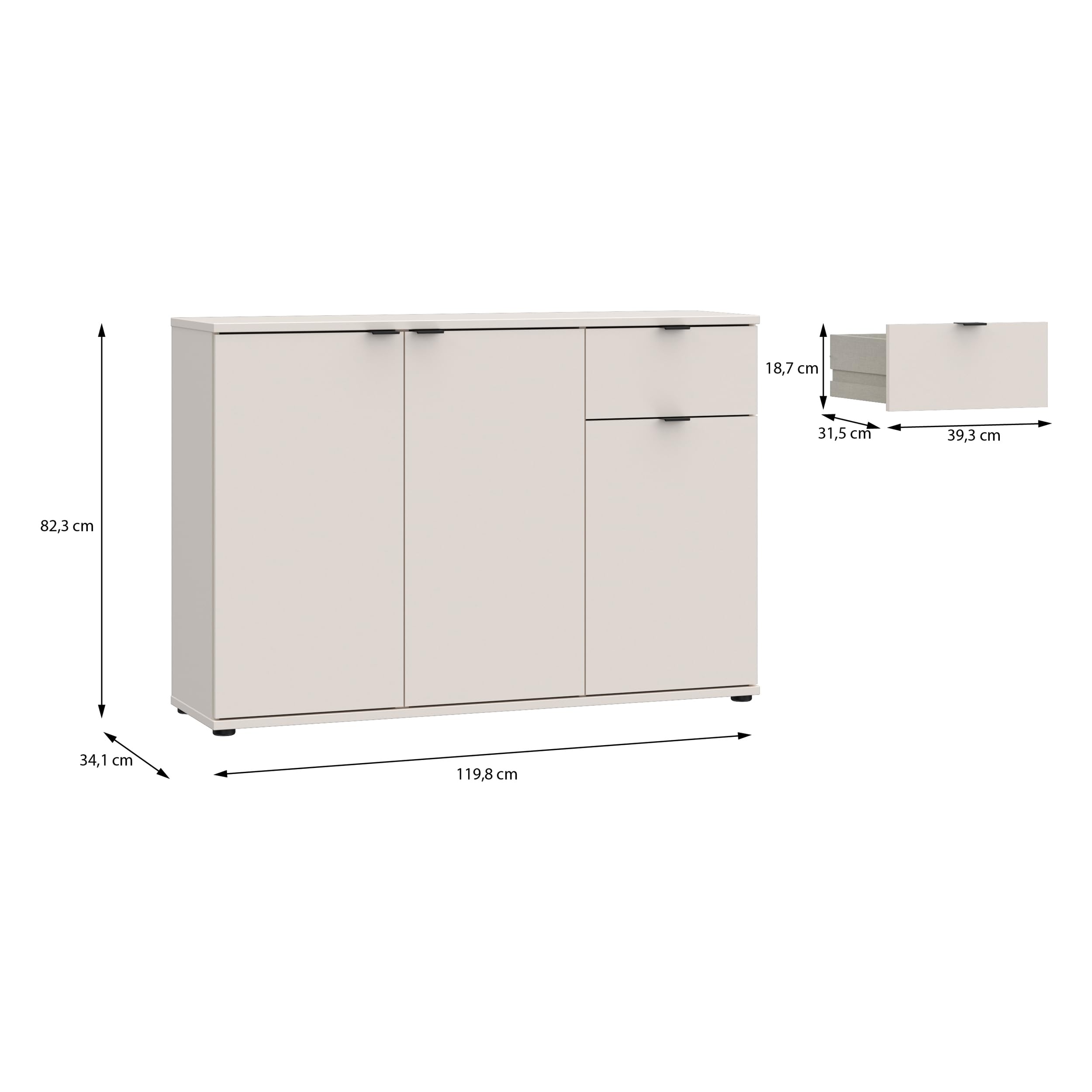 Forte Ganymede Sideboard 120, minimalistische Kommode, 3-türig, 1 Schublade, Holzwerkstoff, Wohn-/Schlafzimmer, Kaschmir Beige, 119,8 cm breit x 82,3 cm hoch x 34,1 cm tief
