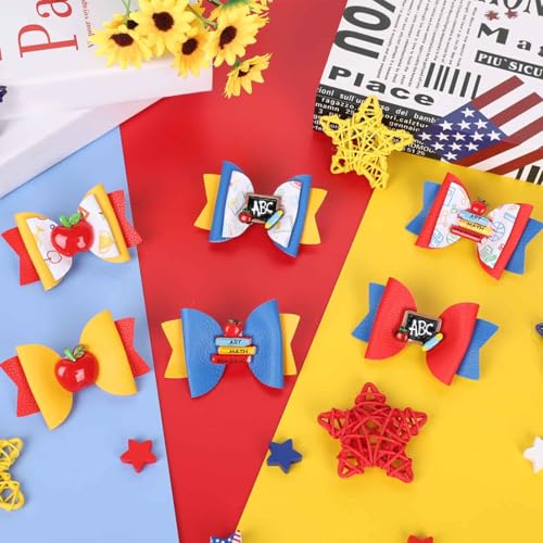 Image of Whaline 6Pcs Back to School Bow Hair Clips Apples Book Blackboard Hair Bow Barrette Colorful Pu Leather Hairgrips for First Day of School Classroom Girls Students Hairs Accessories Kindergarten