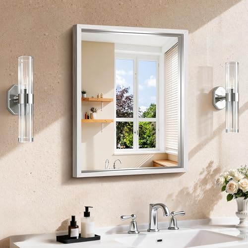 CIRCUMI 18x24 Brushed Silver Mirror with Chunky Box Metal Frame Bathroom Mirror for Vanity Remodel & New Home Living Room Entryway Rectangular Wall Mirror Tempered Glass Vertical or Horizontal