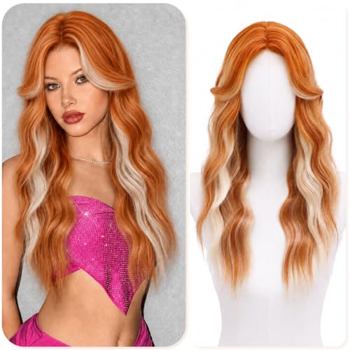 Auburn with Blonde Wigs for Women 22 Inch Middle Part Wavy Synthetic Wig