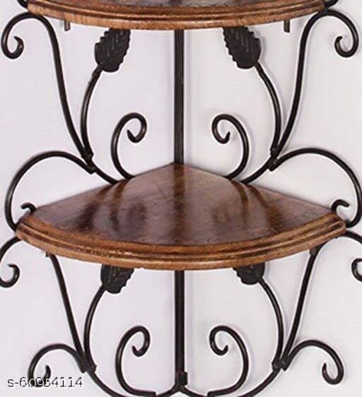 Image of Wooden handicrafts Wooden Stylish Wall Rack Shelves Set of Wall Shelves MDF -Medium Density Fiber Home Decoration Wall Decor (Brown Corner, Wooden Iron 3)