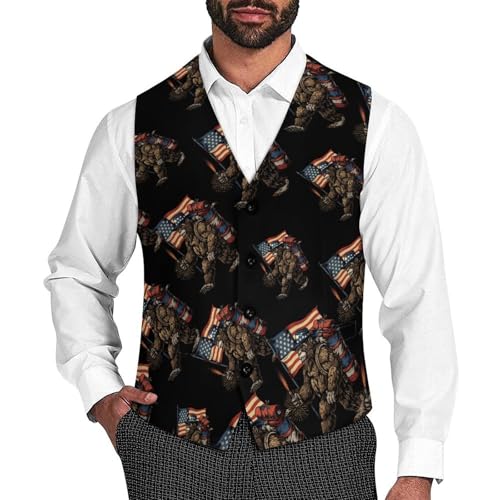 Camping Bigfoot U.S. Flag Novelty Men's Suit Vest Funny Formal Dress Vests Business Waistcoat