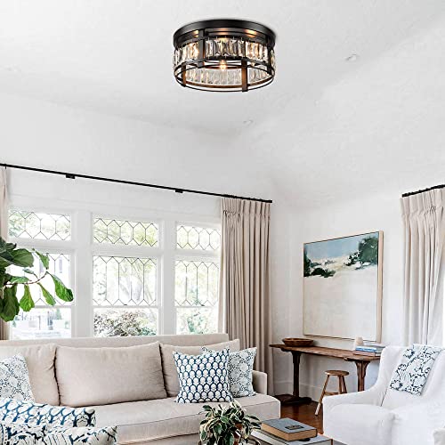 Vaczon 13.3\" Modern Crystal Flush Mount Ceiling Light, 3-Light Industrial Black Metal Ceiling Lighting Fixture, Rustic Drum Chandelier for Bedroom, Hallway, Kitchen, Entryway, E12 Base