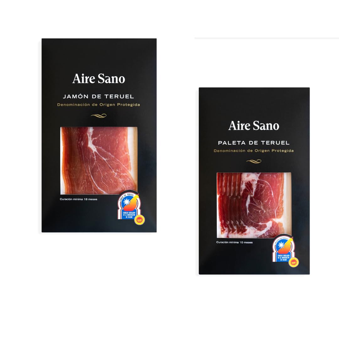 Aire Sano - Estuche de Jamón y paleta DOP Teruel (10 Sobres de Jamón de 80 g) + (5 Sobres de Paleta de 80 g) - Alto Contenído en Proteínas, Sin Gluten y Sin Lactosa - Envasados al Vacío
