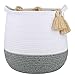 La Jolíe Muse Cesta Ropa Sucia de algodón, Cesta almacenaje de Cuerda Tejida con asa y Borla, Cesta Ropa Sucia Bebe, Cesta Mimbre Grande, Blanco y Gris, H38 x W44 CM