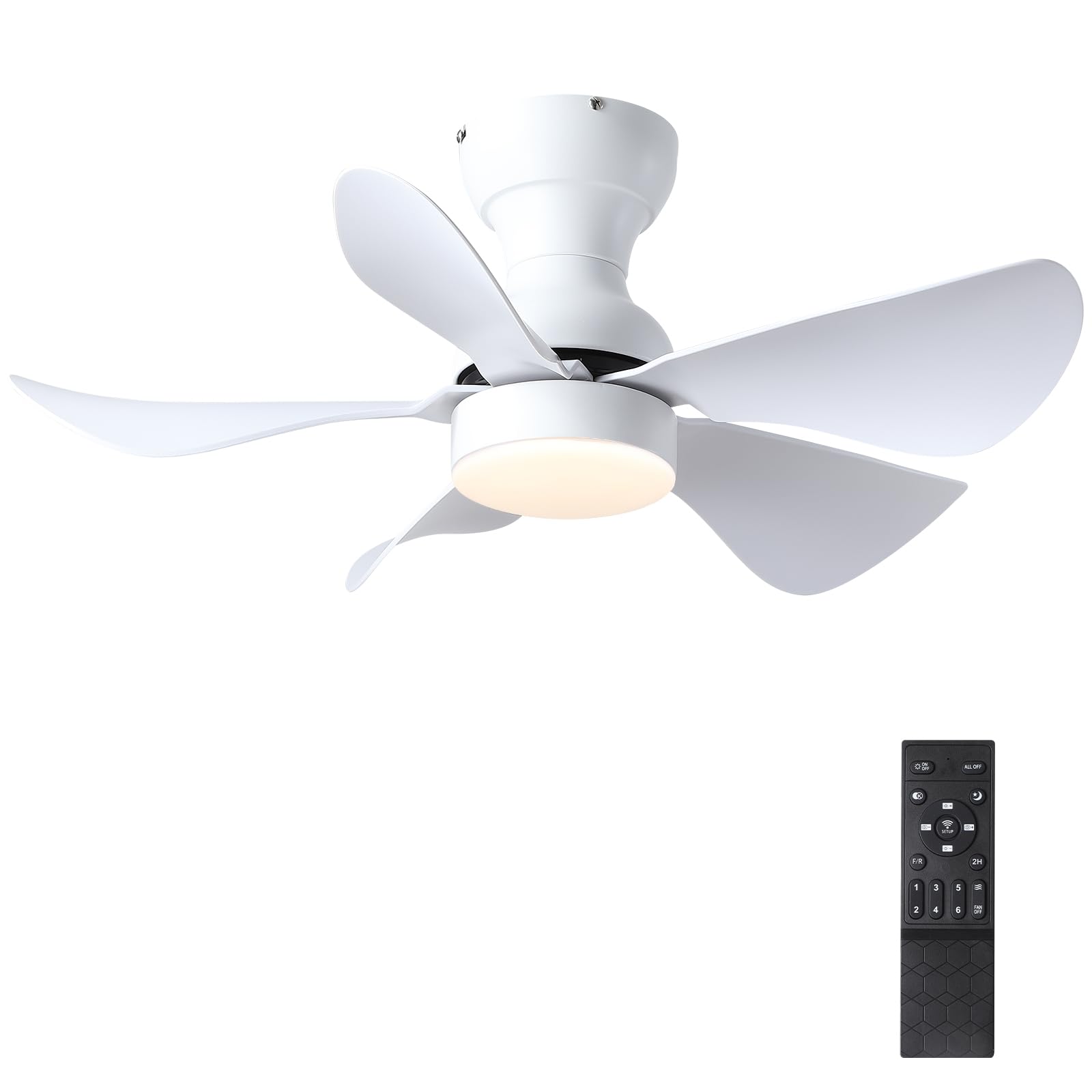 Ventilador de techo pequeño blanco con luces y mando a distancia, ventilador de techo moderno de perfil bajo con luz LED regulable, ventilador de techo silencioso de montaje empotrado para dormitorio