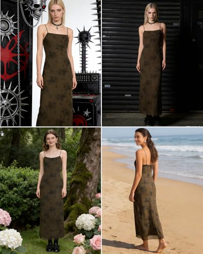 Image of Women Vintage Floral Print Spaghetti Strap Maxi Dress Dark Gothic Sheer Mesh Sleeveless Bodycon Dresses for Party Club