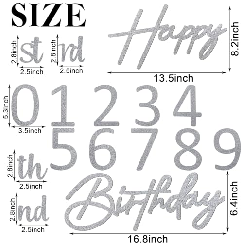 Image of Happy Birthday with 0-9 Numbers Sign for Backdrop - Glitter Felt Custom Age Happy Birthday Decal for Balloon Arch Birthday Decorations Baby Shower - Silver
