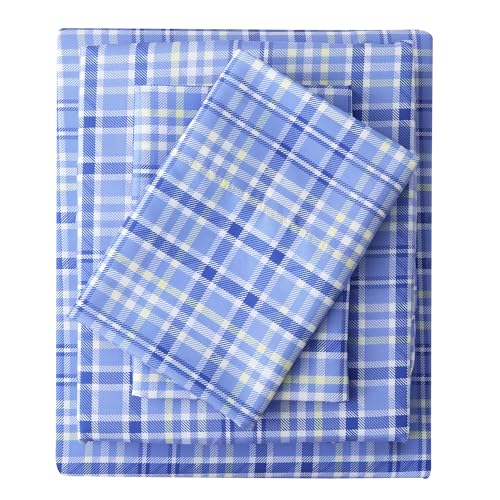 Image of Mooreeke Cozy Plaid Microfiber Printed Queen Sheet Set - Soft & Breathable Purple Yellow Plaid Bed Sheets with Extra Deep Pocket - Non-Slip Fitted Design - Purple Yellow Square Plaid Pattern - Queen