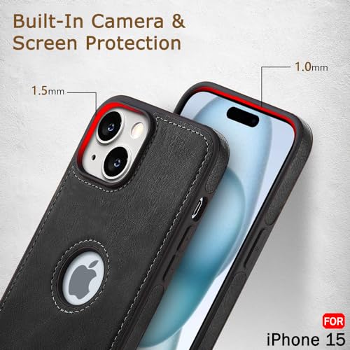 Image of TheGiftKart Genuine Leather Finish Back Cover Case for iPhone 15 | Shockproof Design | Raised Edges for Camera & Screen Protection | Stunning Minimalist Design Back Case Cover (Black Sides, Black)