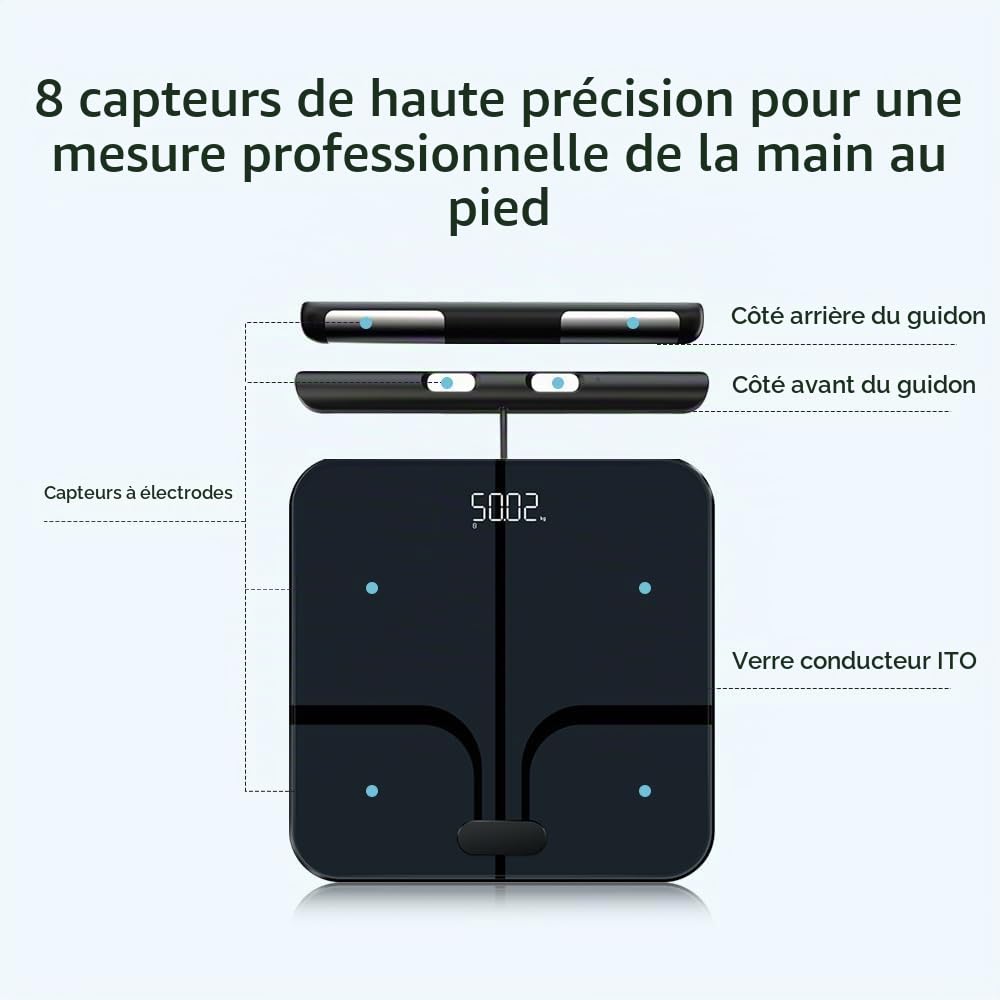 Pèse Personne Balance Connectée Impédancemètre Avec 8 Électrodes Haute Précision, 28 Données Corporelle Mesure BIA à Double Fréquence Avec APP pour Andriod et iOS, Max. 180kg/400lb/28st