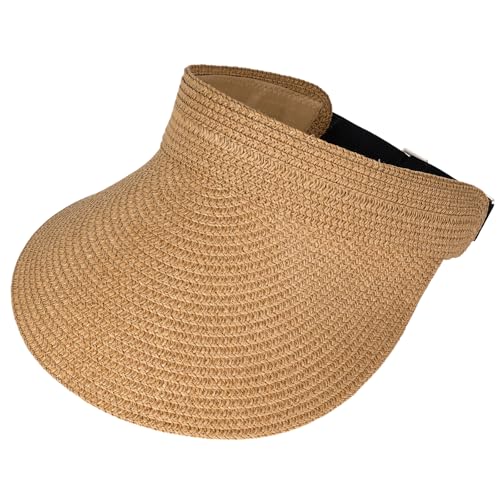 Straw Sun Visors Hats for Women UV Protection, Foldable Summer Wide Brim Hats, Packable Ponytail Beach Hat for Travel (Khaki)